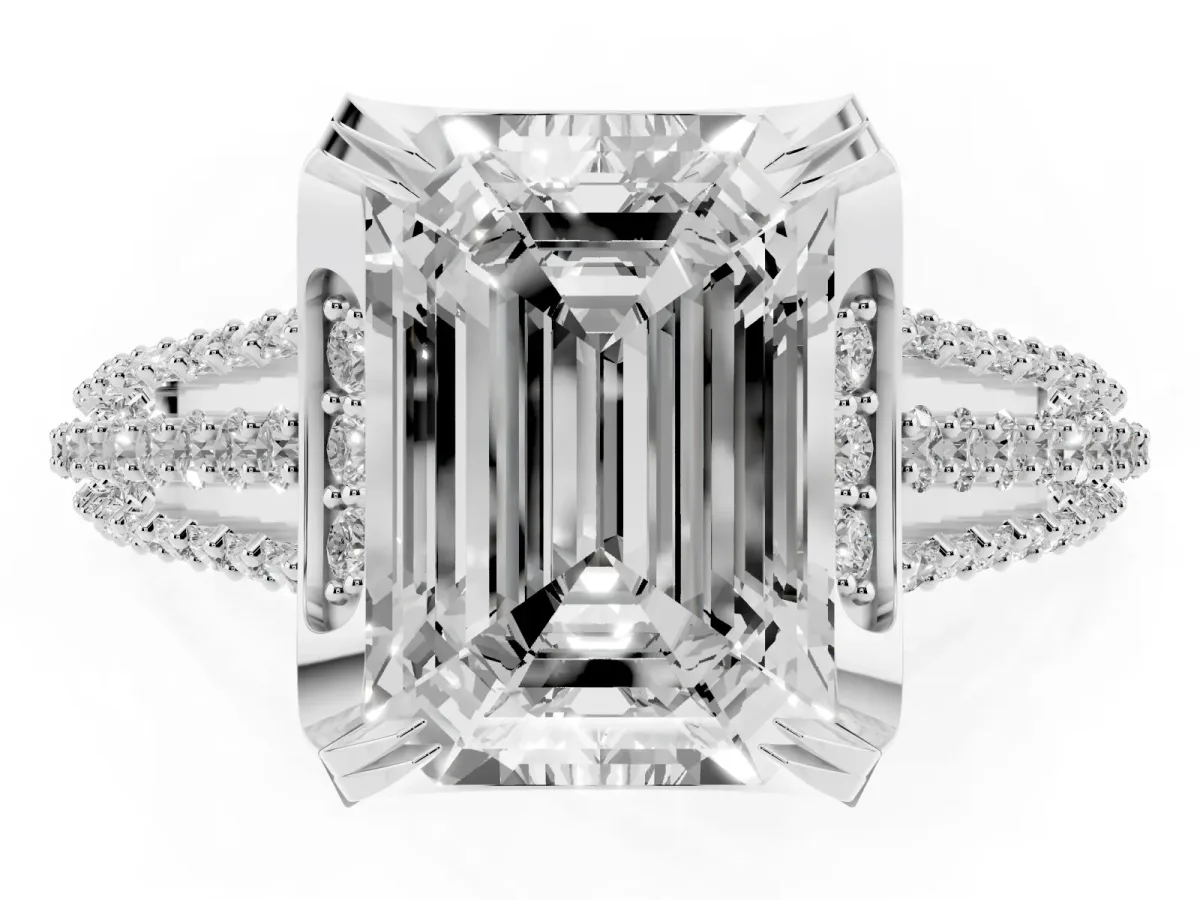 Emerald Cut Solitaire Pave Split Shank Ring with Four-Prong Setting Silver