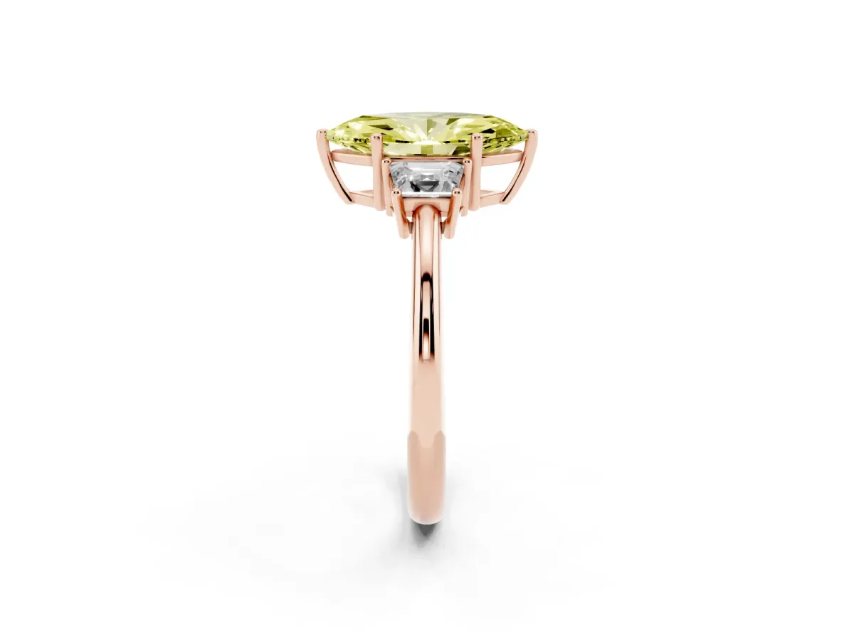 Fancy Yellow Marquise Cut Diamond Three-Stone Ring with Trapezoid Side Stones and Prong Setting Rose gold