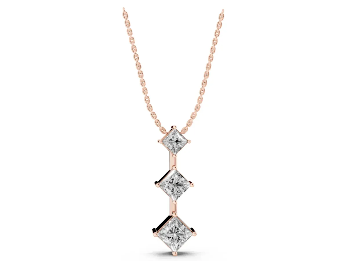 Three-Stone Princess Cut Diamond Pendant with Four-Prong Setting Rose gold