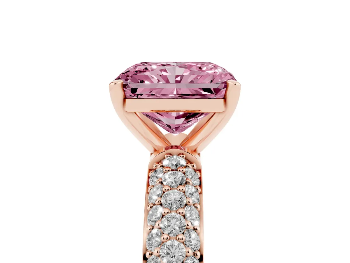 Fancy Pink Radiant Cut Diamond Solitaire Ring with Prong Setting and Pavé Band Rose gold