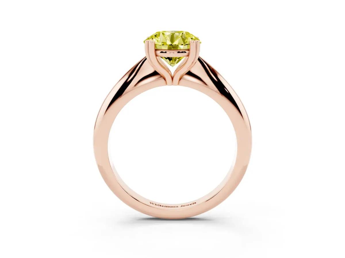 Fancy Yellow Round Cut Cut Solitaire Engagement Ring with Tapered Band and Four-Prong Setting Rose gold