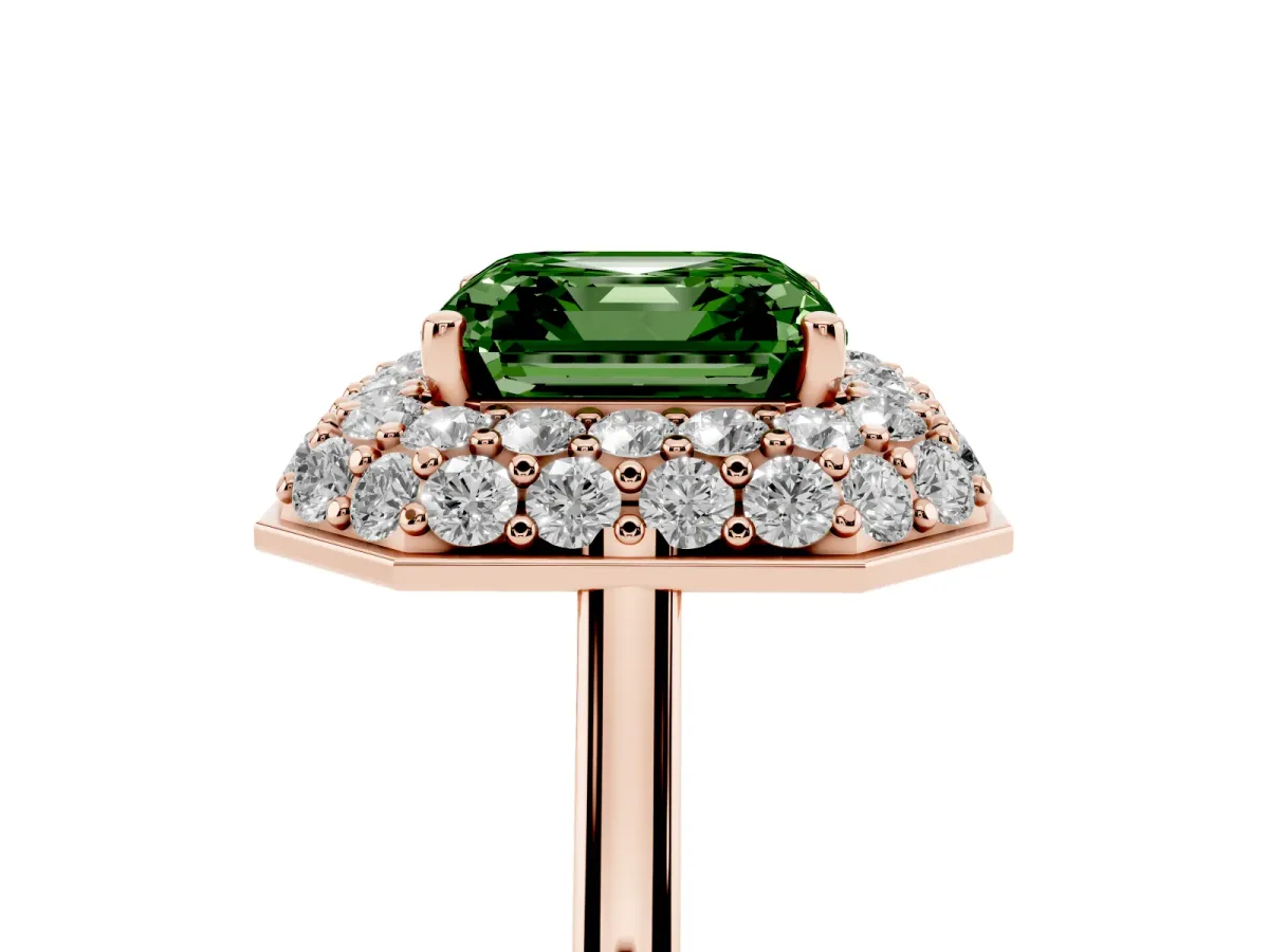 Fancy Green Asscher Cut Halo Diamond Engagement Ring with Solitaire Band and Four-Prong Setting Rose gold