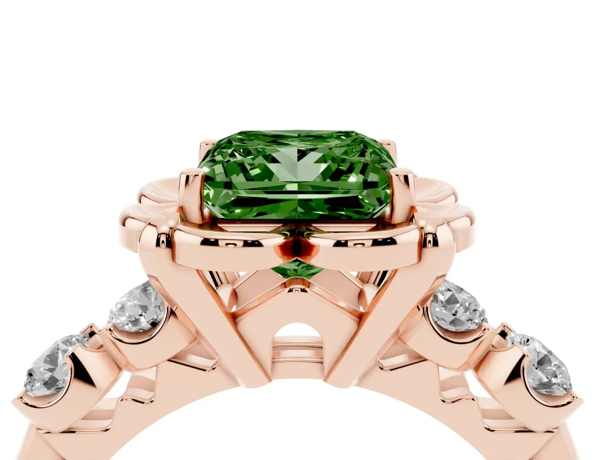 Fancy Green Princess Cut Cut Diamond Floral Halo Engagement Ring with Shared Prong Setting Rose gold