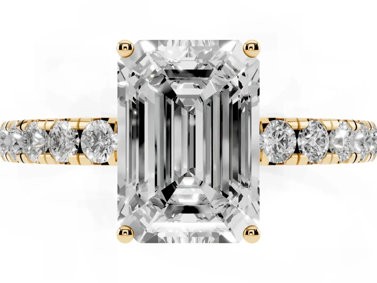 Emerald Cut Diamond Pavé Solitaire Engagement Ring with Four-Prong Setting Yellow gold