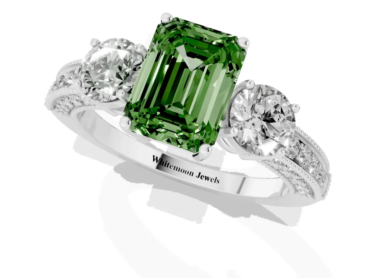 Fancy Green Emerald Cut Three-Stone Diamond Ring with Pavé Band and Four-Prong Setting Silver