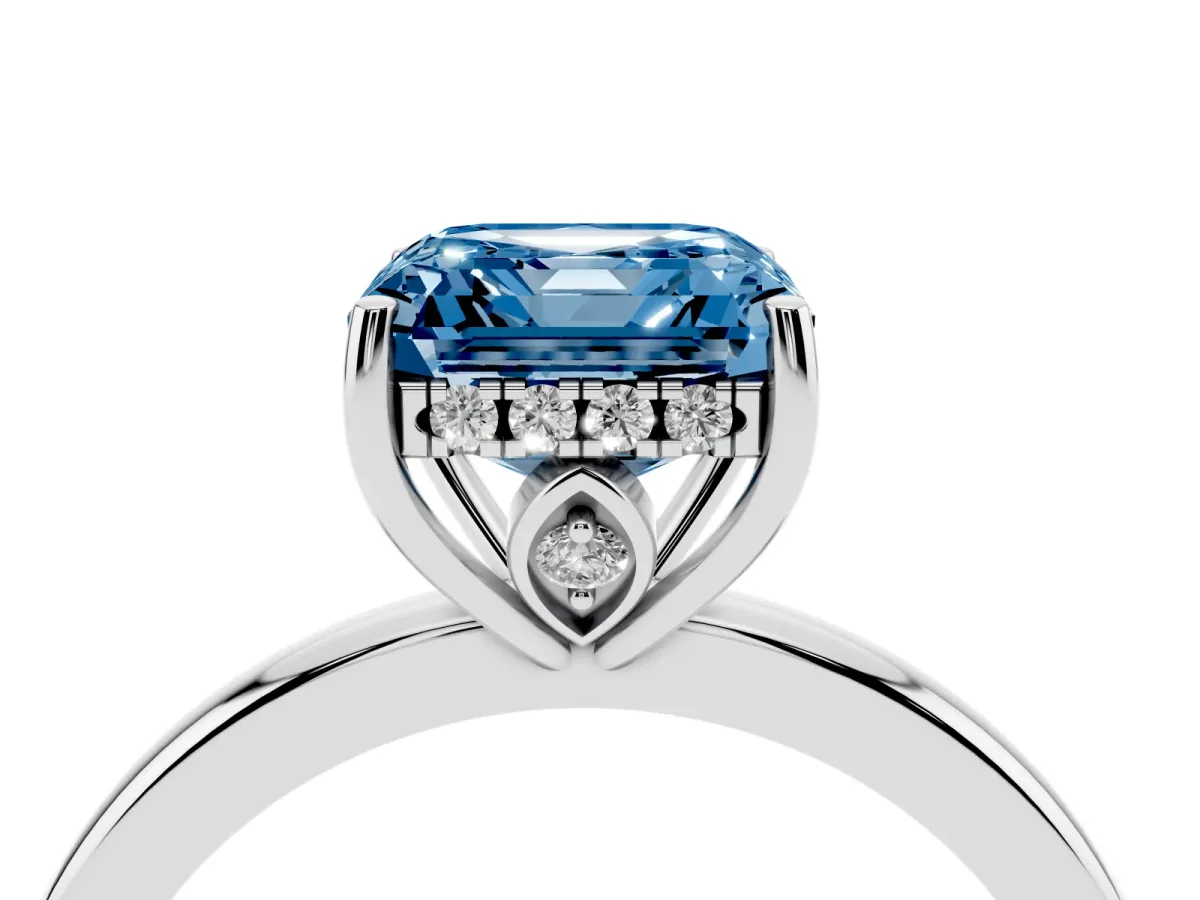 Fancy Blue Asscher Cut Solitaire Diamond Ring with Prong Setting and Plain Band Silver