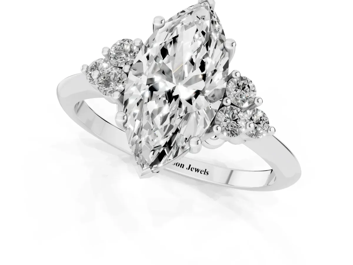 Marquise Cut Cut Diamond Cluster Ring with Solitaire Band and Four-Prong Setting Silver