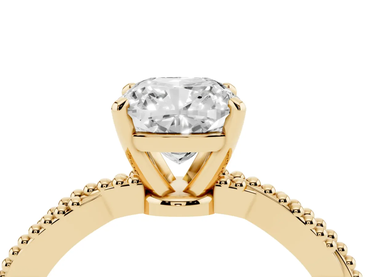 Cushion Cut Solitaire Twisted Band with Bead Prong Setting Yellow gold