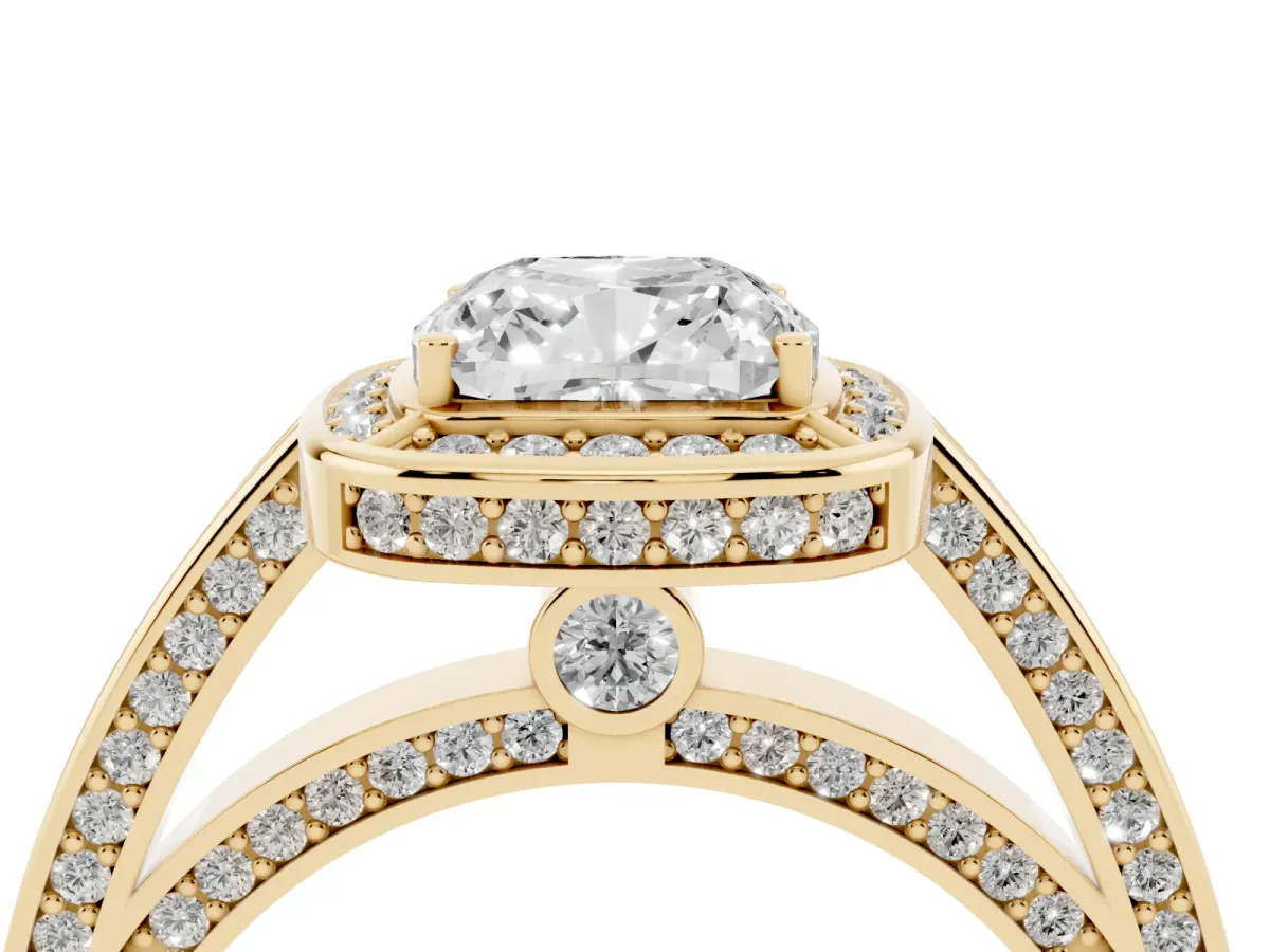Cushion Cut Cut Halo Pave Split Shank Prong Setting Ring Yellow gold