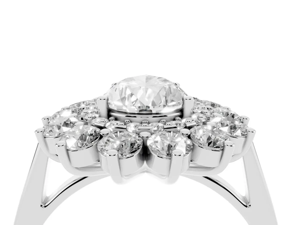 Pear Cut Diamond Floral Double Halo Engagement Ring with Prong Setting Silver