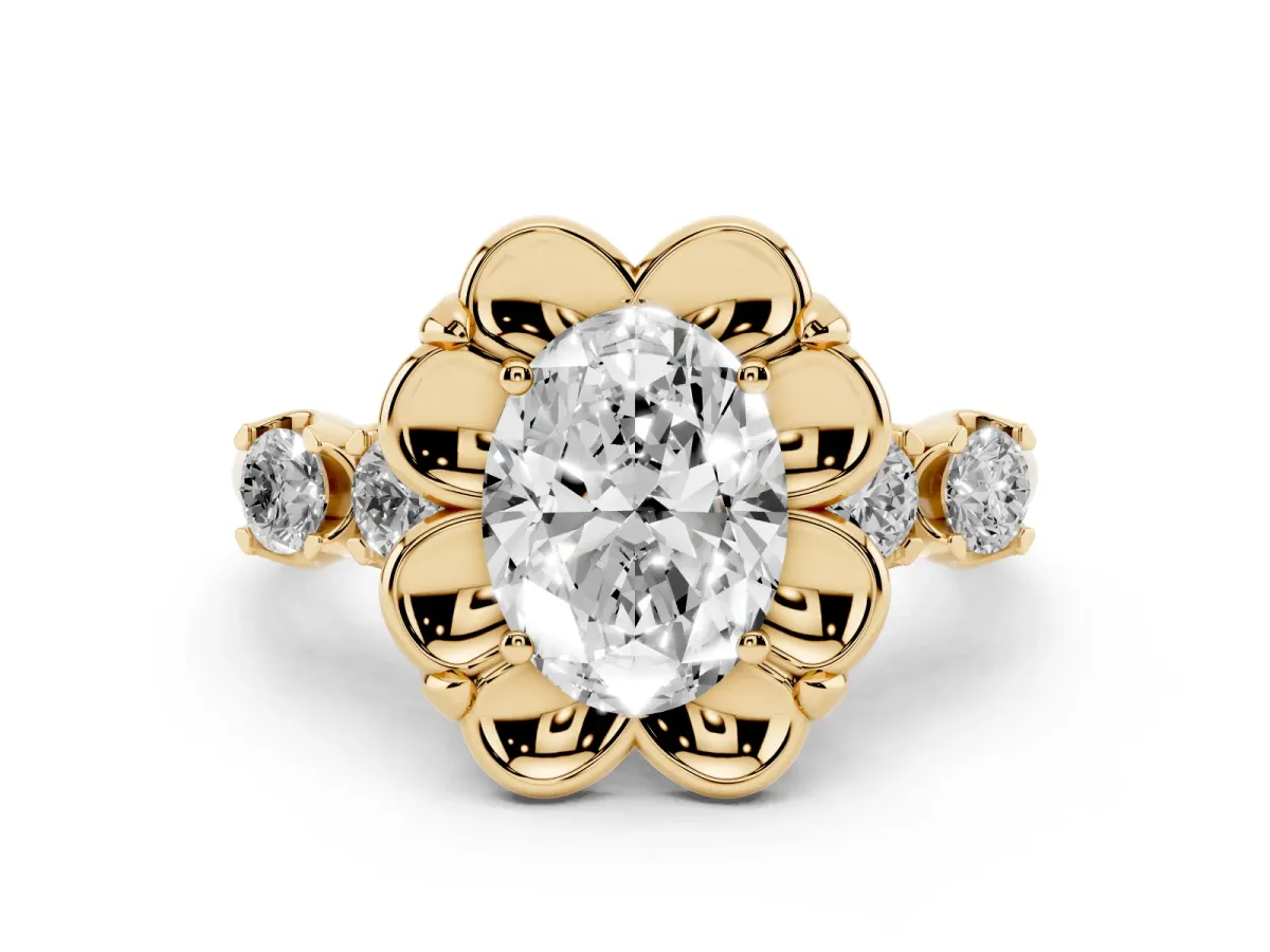 Oval Cut Cut Diamond Floral Halo Engagement Ring with Shared Prong Setting Yellow gold