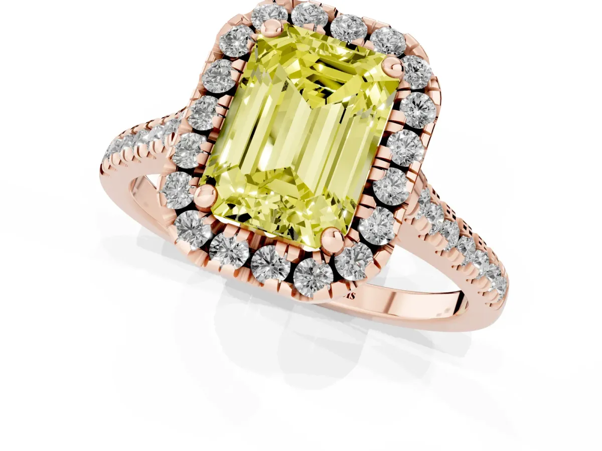 Fancy Yellow Emerald Cut Diamond Cushion Halo Ring with Pavé Band Rose gold