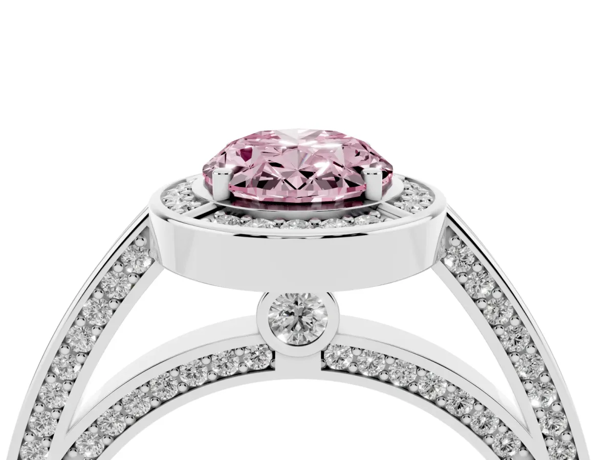 Fancy Pink Oval Cut Cut Halo Pave Split Shank Prong Setting Ring White gold