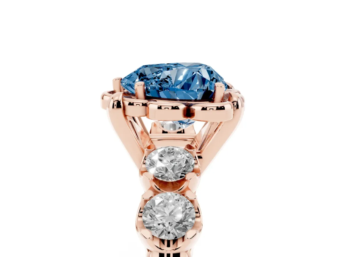Fancy Blue Heart Cut Cut Diamond Floral Halo Engagement Ring with Shared Prong Setting Rose gold
