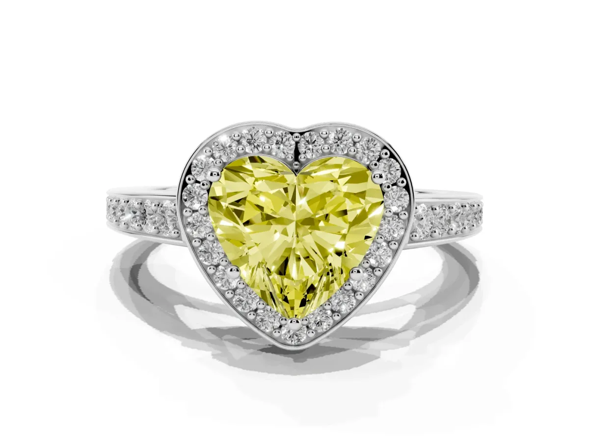 Fancy Yellow Heart Cut Halo Pavé Diamond Engagement Ring with Bezel Setting Silver