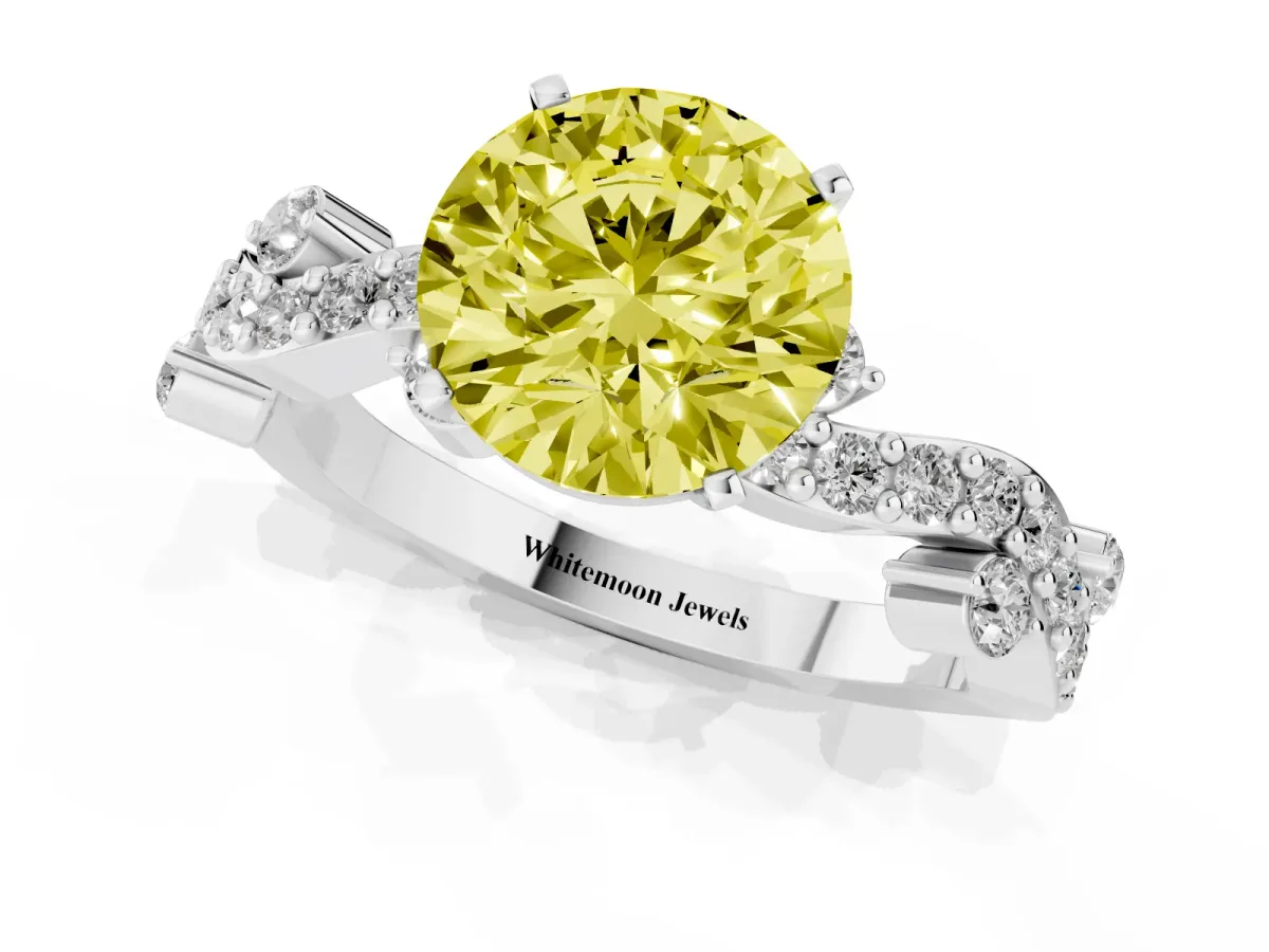 Fancy Yellow Round Cut Cut Solitaire Diamond Twisted Band with Pave Setting Silver