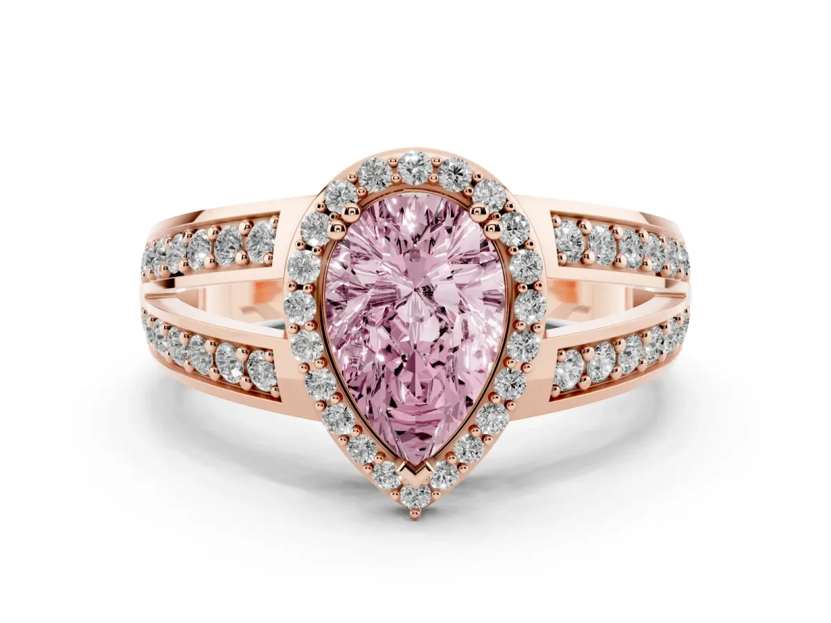 Fancy Pink Pear Cut Diamond Halo Ring with Split Shank Pavé Band and Four-Prong Setting Rose gold