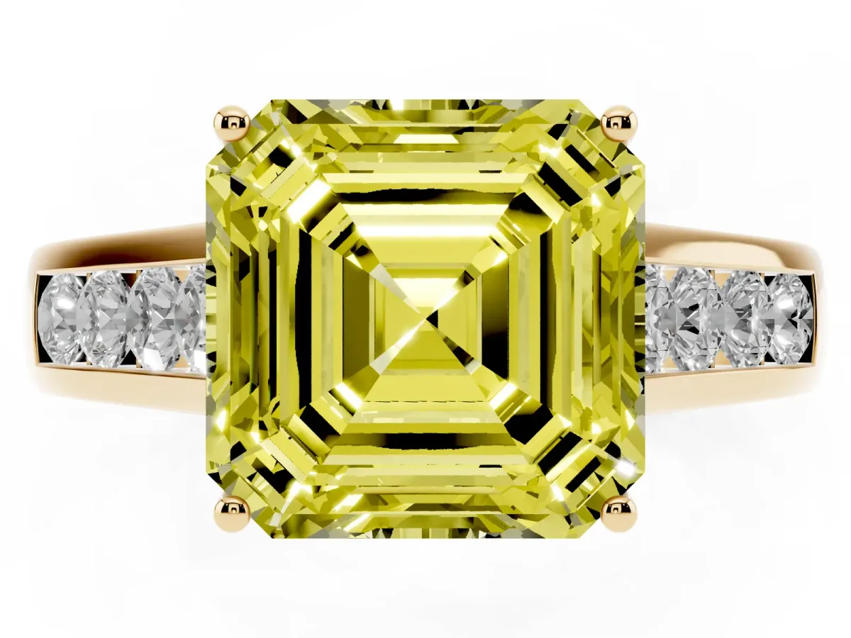 Fancy Yellow Asscher Cut Brilliant Channel-Set Solitaire Ring with Four-Prong Setting Yellow gold