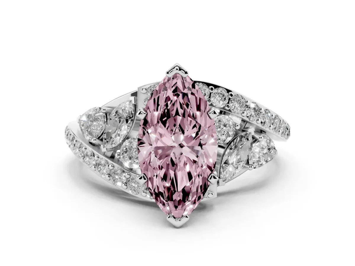Fancy Pink Marquise Cut Diamond Halo Ring with Marquise and Pavé Band in Prong Setting Silver