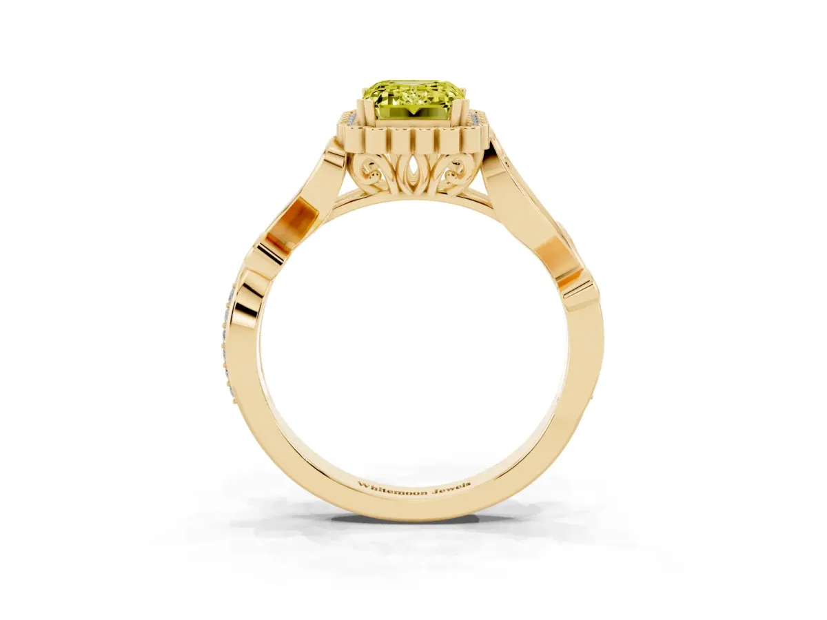 Fancy Yellow Emerald Cut Diamond Halo Ring with Vintage Split Shank and Four-Prong Setting Yellow gold