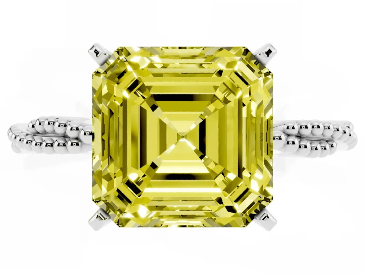 Fancy Yellow Asscher Cut Solitaire Twisted Band with Bead Prong Setting Silver