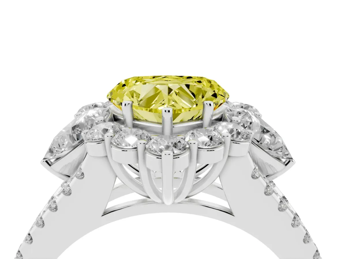 Fancy Yellow Heart Cut Halo Split Shank Diamond Engagement Ring with Prong Setting Silver