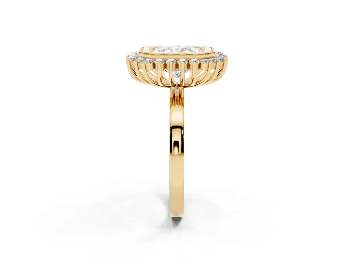 Radiant Cut Halo Diamond Ring with Milgrain Edge and Round Prong Setting Yellow gold