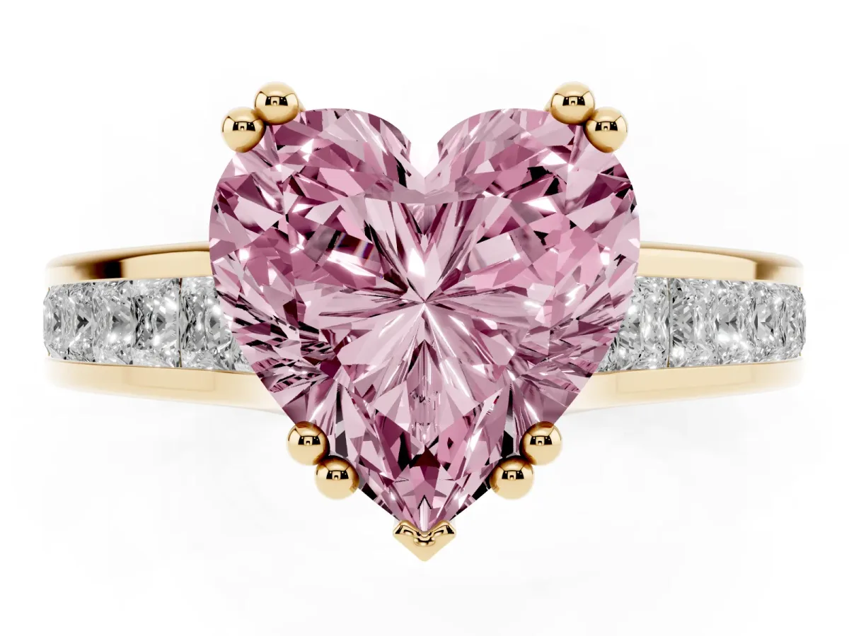 Fancy Pink Heart Cut Cut Channel Set Solitaire Engagement Ring with Prong Setting Yellow gold