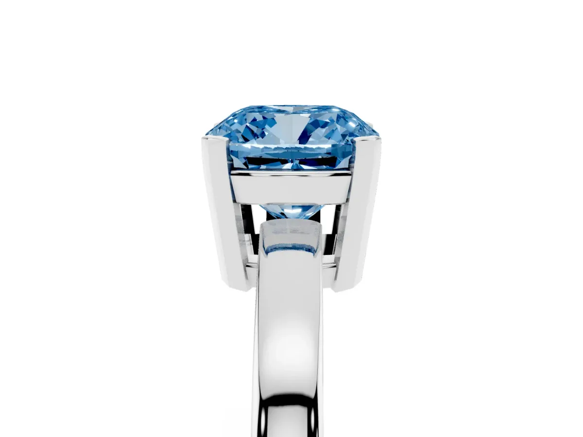 Fancy Blue Cushion Cut Cut Solitaire Ring with Four-Prong Setting and Classic Band Platinum