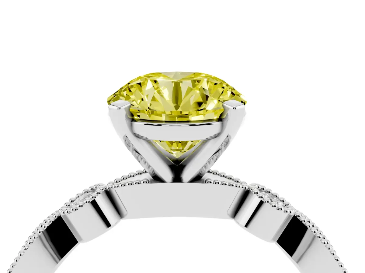 Fancy Yellow Round Cut Milgrain Bezel Diamond Engagement Ring with Solitaire Prong Setting Silver