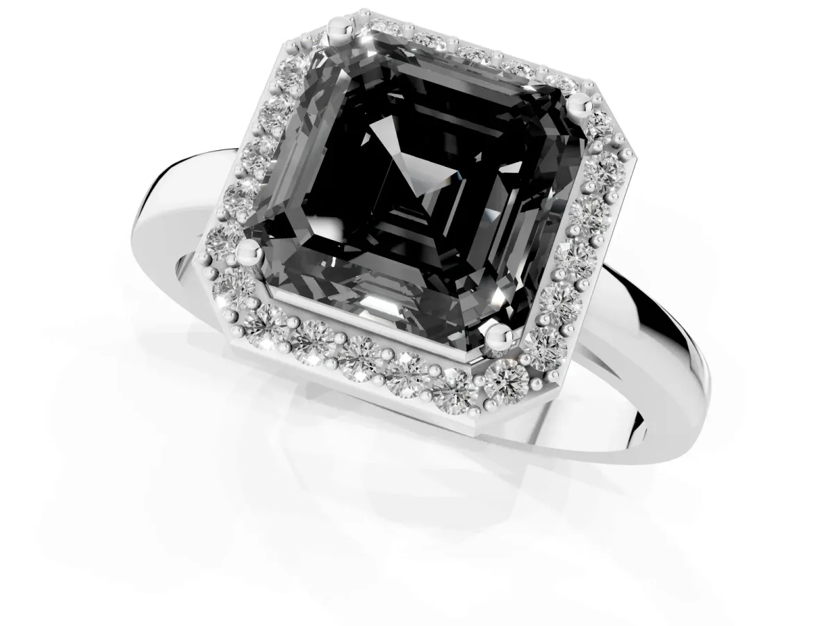 Fancy Black Asscher Cut Halo Diamond Ring with Solitaire Band and Prong Setting Silver