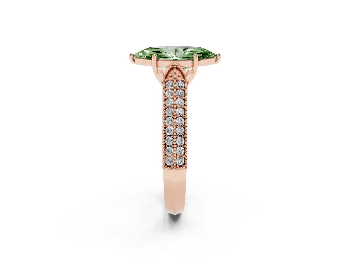 Fancy Green Marquise Cut Cut Pave Split Shank Engagement Ring with Four-Prong Setting Rose gold