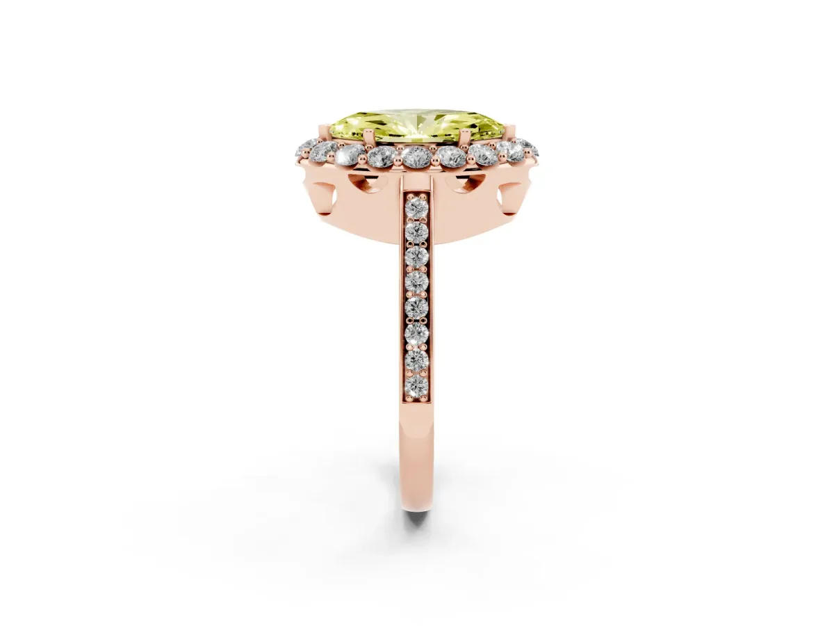 Fancy Yellow Marquise Cut Diamond Floral Halo Ring with Pavé Band and Prong Setting Rose gold