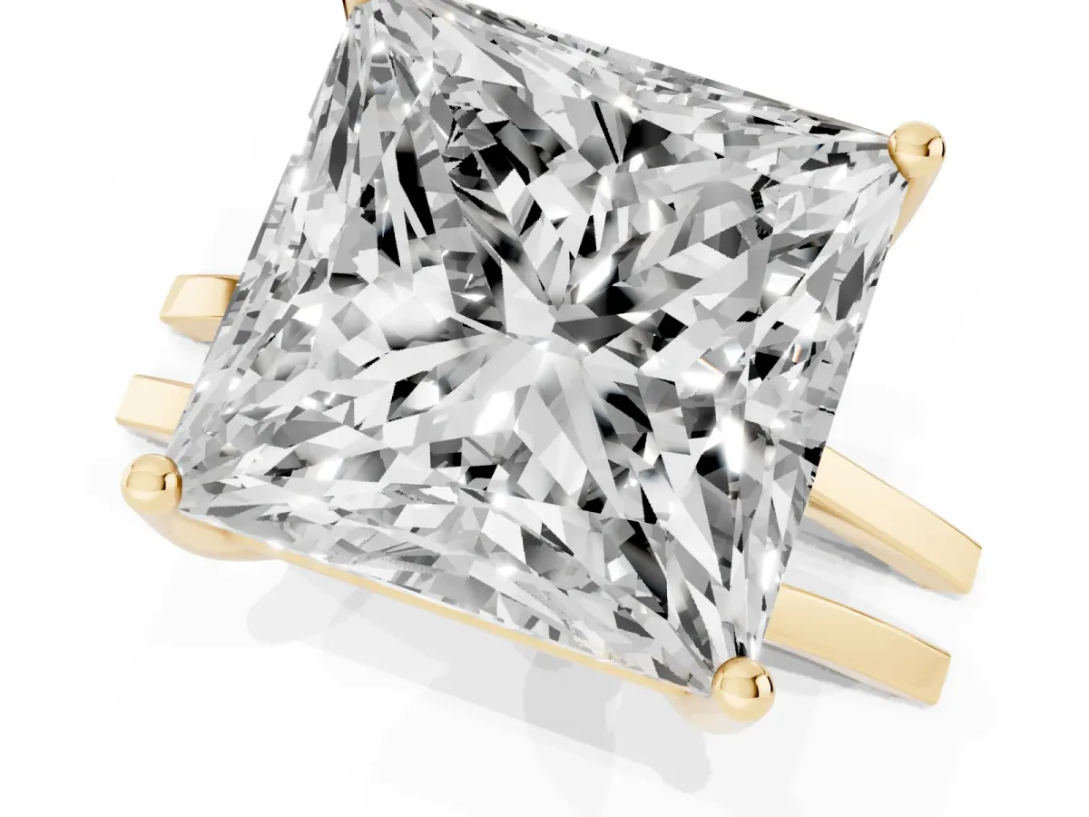 Princess Cut Cut Diamond Solitaire Engagement Ring with Tapered Plain Band and Four-Prong Setting Yellow gold