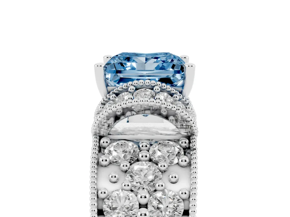 Fancy Blue Princess Cut Halo Pave Diamond Engagement Ring with Milgrain Detailing Silver