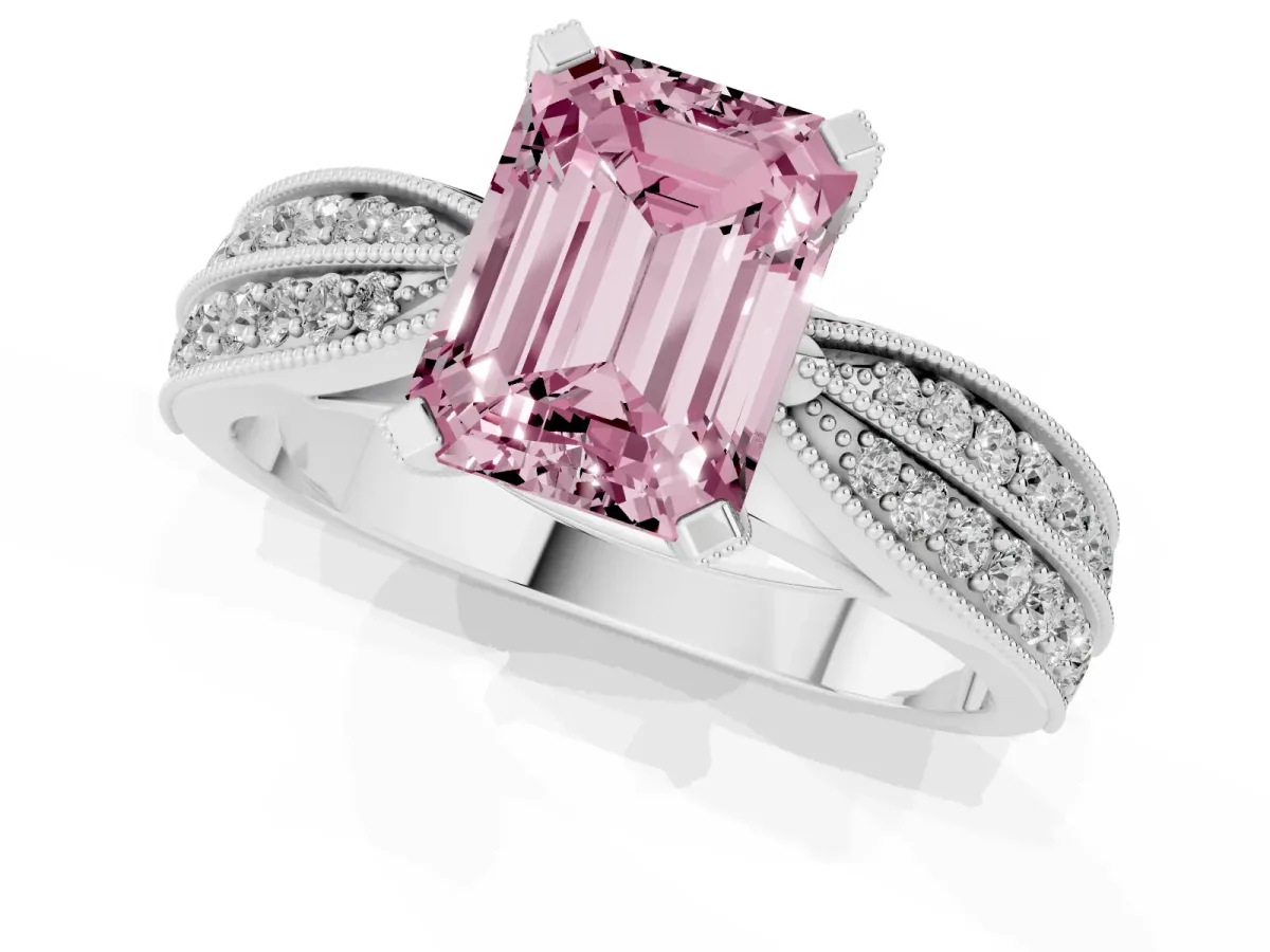 Fancy Pink Emerald Cut Diamond Solitaire Ring with Milgrain Round Pavé Band and Prong Setting Silver
