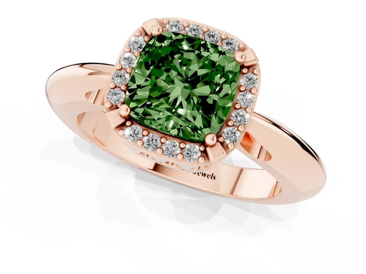 Fancy Green Cushion Cut Cut Diamond Halo Engagement Ring with Split Shank and Four-Prong Setting Rose gold