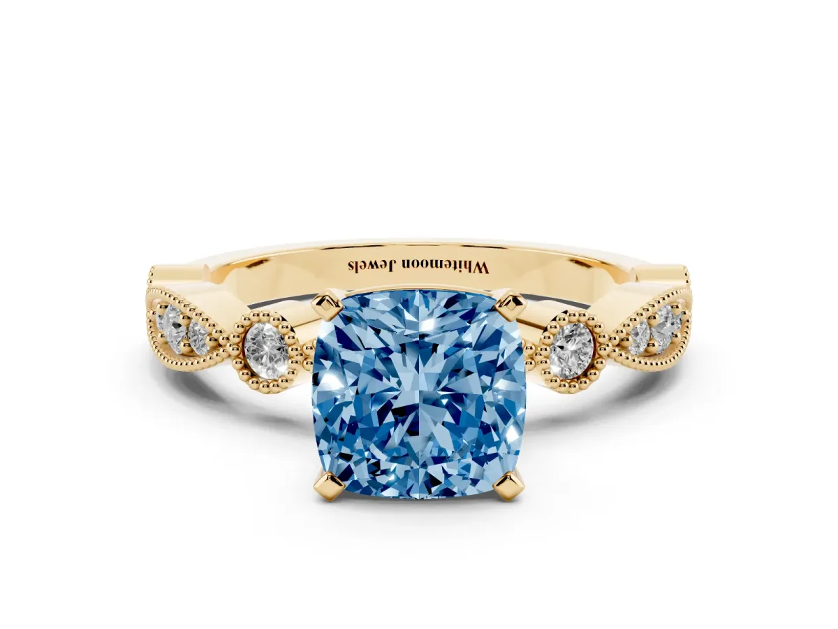 Fancy Blue Cushion Cut Milgrain Bezel Diamond Engagement Ring with Solitaire Prong Setting Yellow gold
