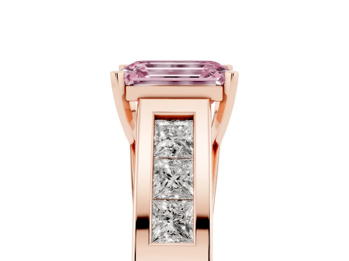 Fancy Pink Emerald Cut Cut Channel Set Solitaire Ring with Four-Prong Setting Rose gold