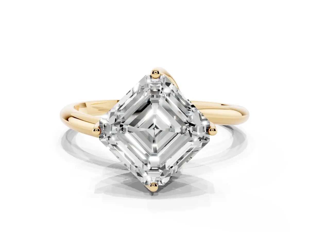 Asscher Cut Diamond Solitaire Engagement Ring with Four-Prong Setting and Classic Band Yellow gold