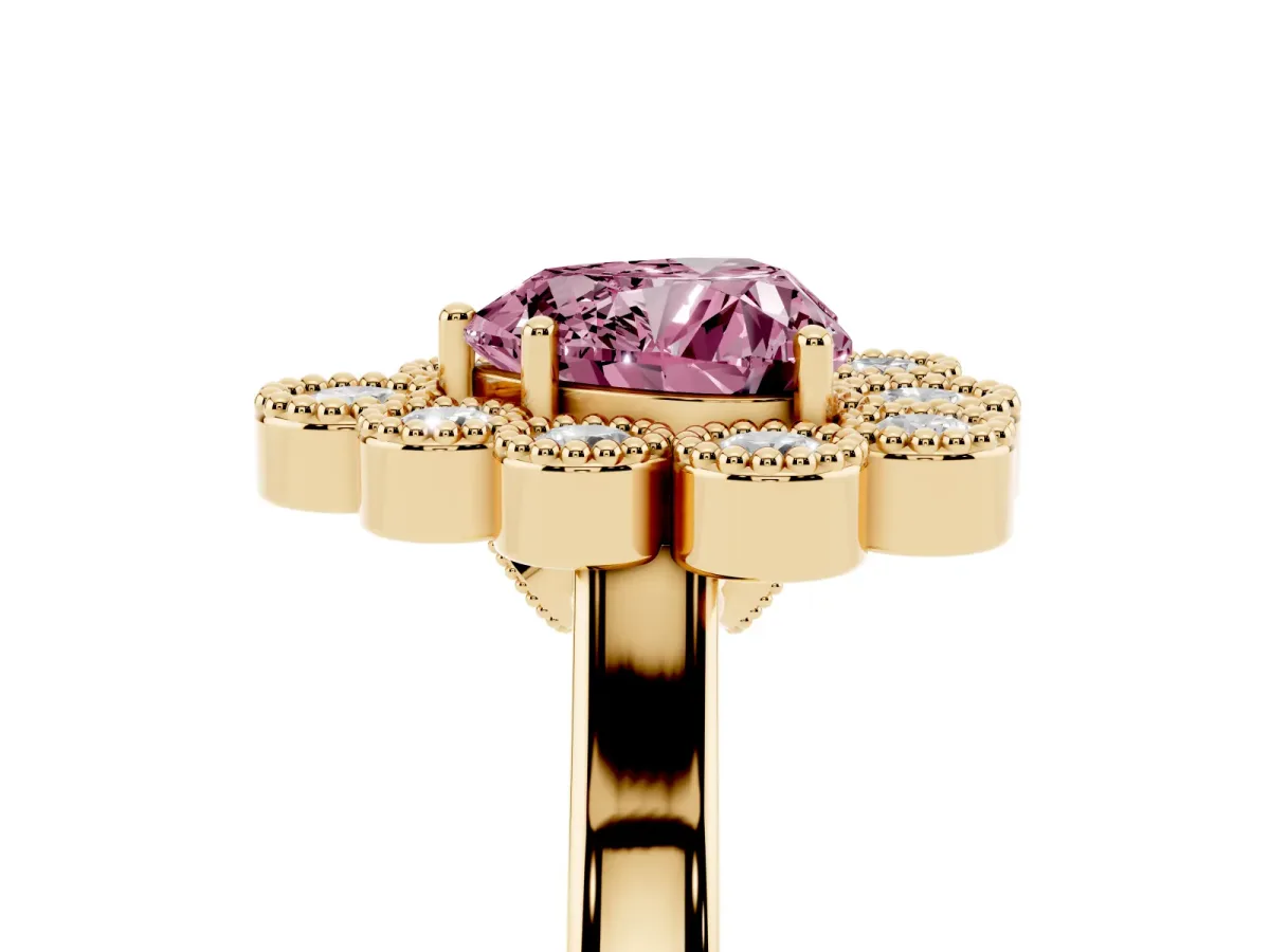 Fancy Pink Heart Cut Halo Diamond Cluster Engagement Ring with Milgrain Bezel Setting and Solitaire Band Yellow gold