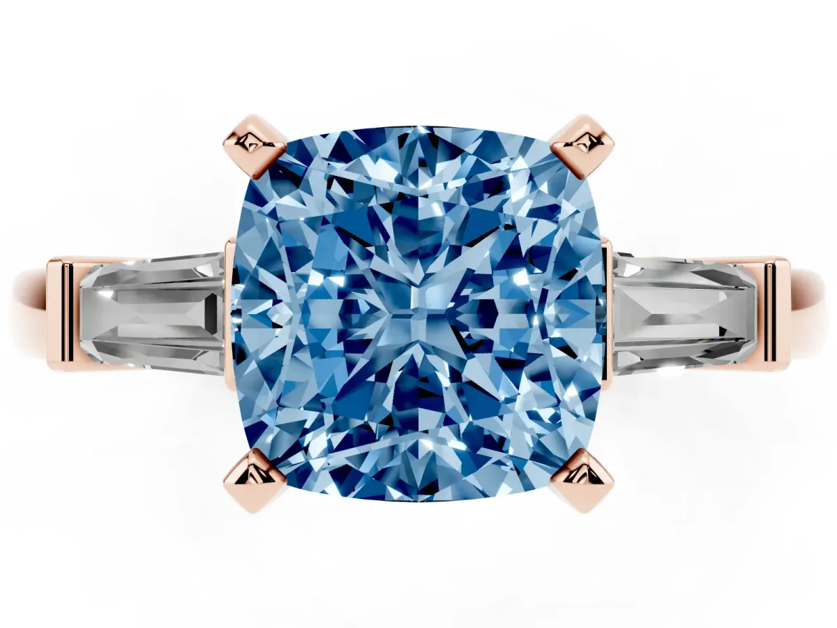 Fancy Blue Cushion Cut Cut Diamond Solitaire Ring with Tapered Baguette Accents and Four-Prong Setting Rose gold