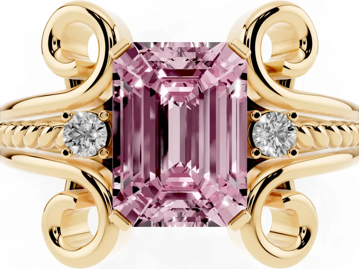 Fancy Pink Emerald Cut Solitaire Twisted Band Scroll Prong Ring Yellow gold