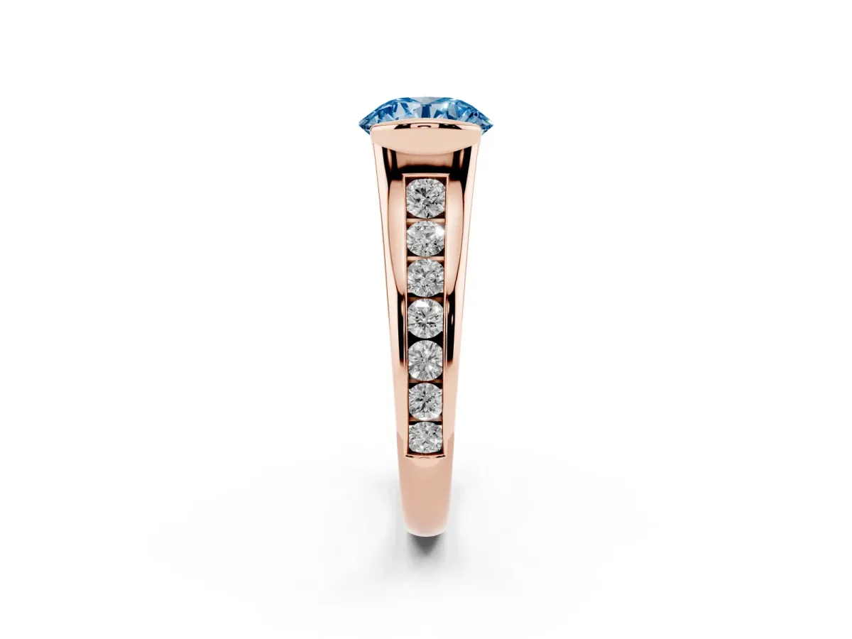 Fancy Blue Round Cut Solitaire Bezel-Set Diamond Ring with Channel-Set Band Rose gold