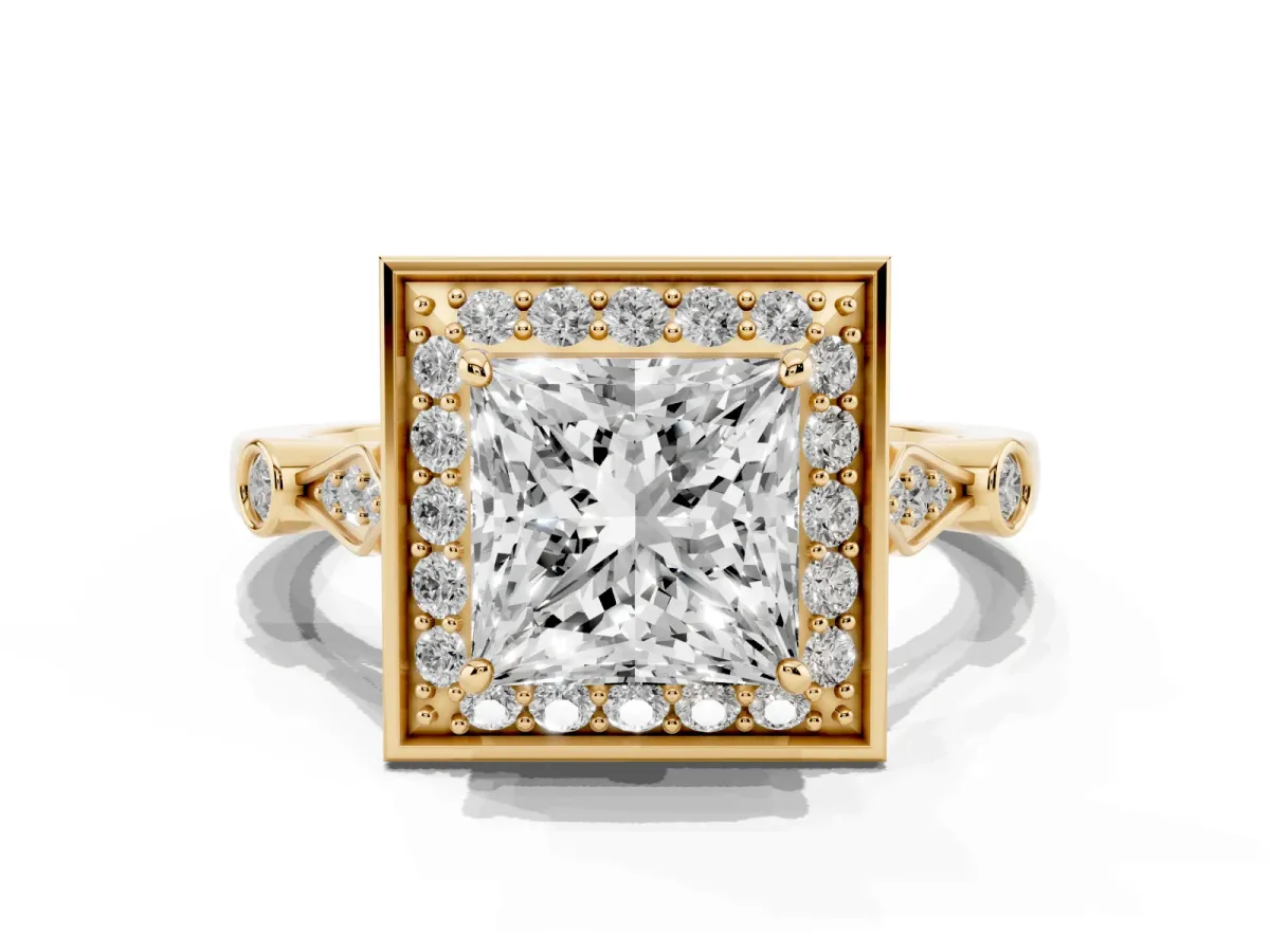 Princess Cut Halo Diamond Engagement Ring with Twisted Band and Four-Prong Setting Yellow gold