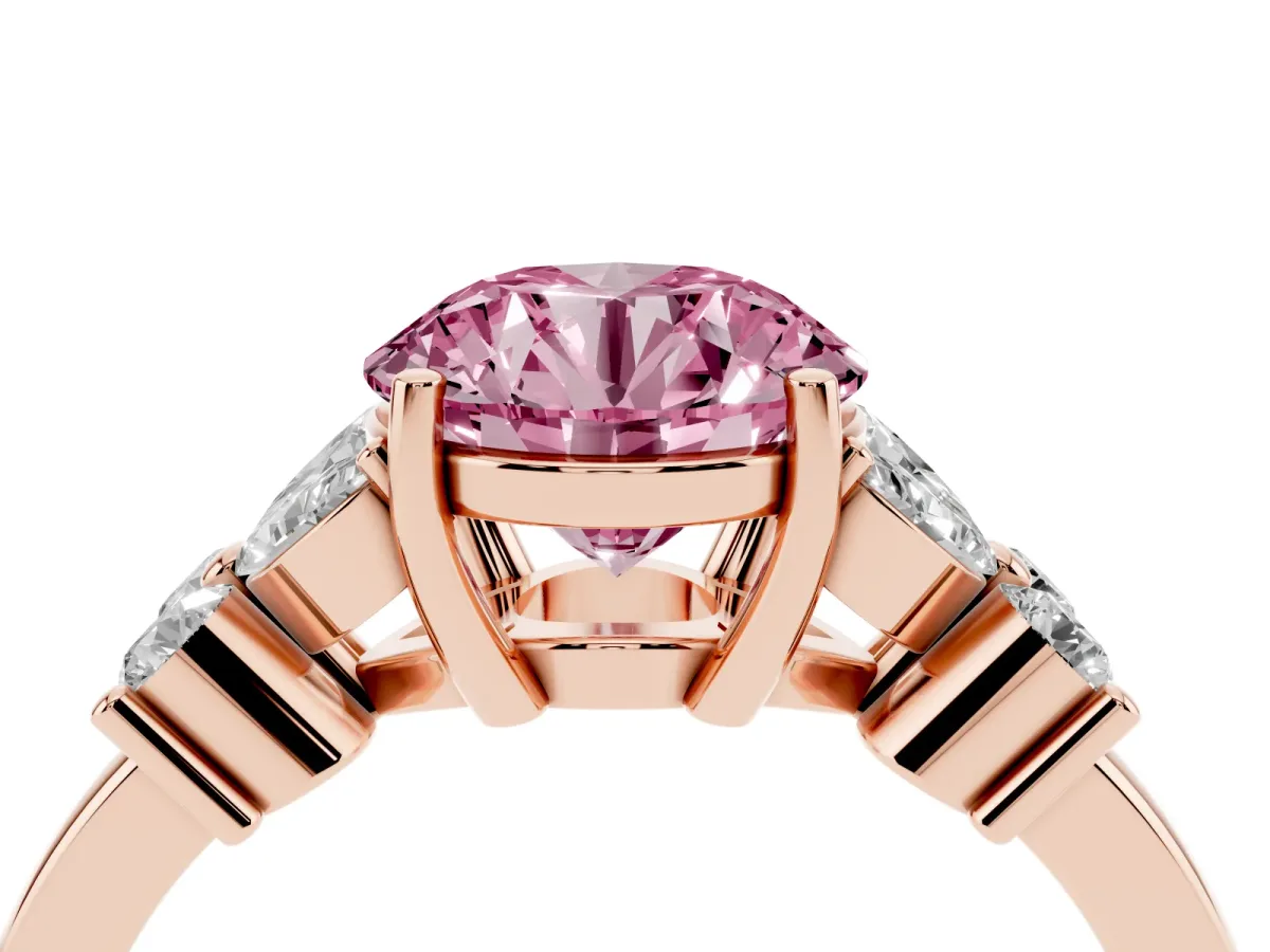 Fancy Pink Round Cut Diamond Floral Cluster Ring with Solitaire Band and Prong Setting Rose gold