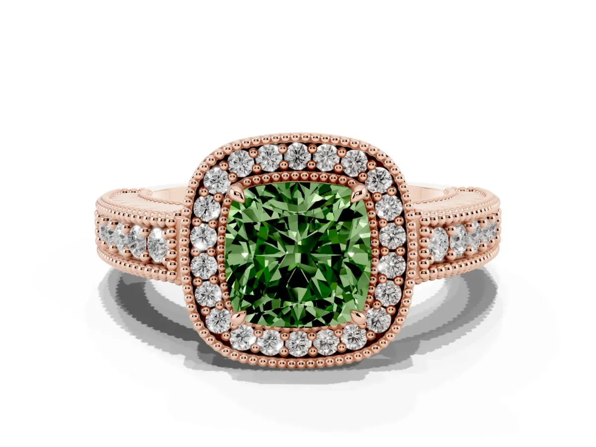 Fancy Green Cushion Cut Cut Halo Diamond Ring with Pavé Band and Four-Prong Setting Rose gold