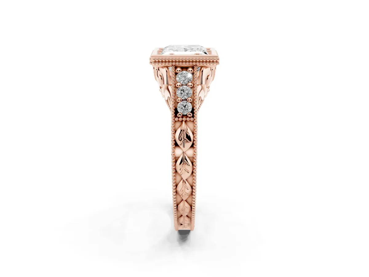 Bezel Set Princess Cut Diamond Milgrain Pave Engagement Ring Rose gold
