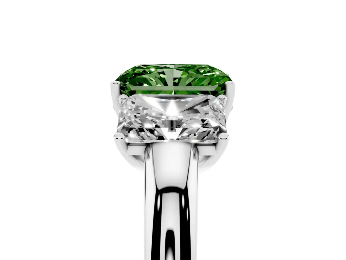 Fancy Green Radiant Cut Diamond Three-Stone Ring with Four-Prong Setting and Classic Band Silver