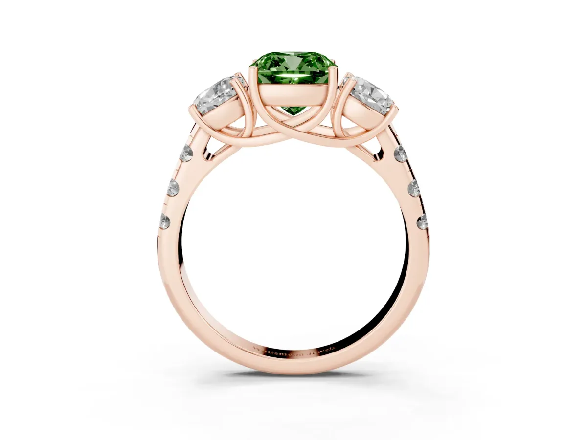 Fancy Green Three-Stone Cushion Cut Diamond Pavé Band with Prong Setting Rose gold